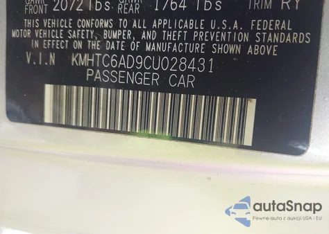 2012 Hyundai Veloster Base W/Black from USA, damaged, VIN KMHTC6AD9CU028431